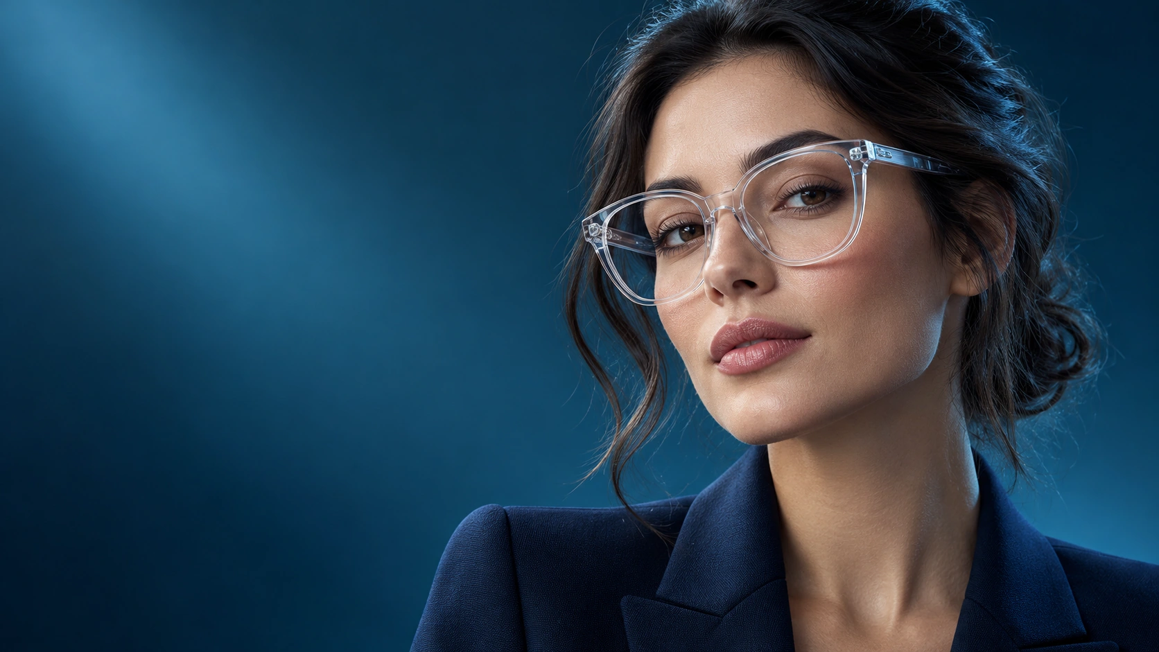 Adult model wearing transparent sculptural eyeglasses in a blue-lit studio portrait