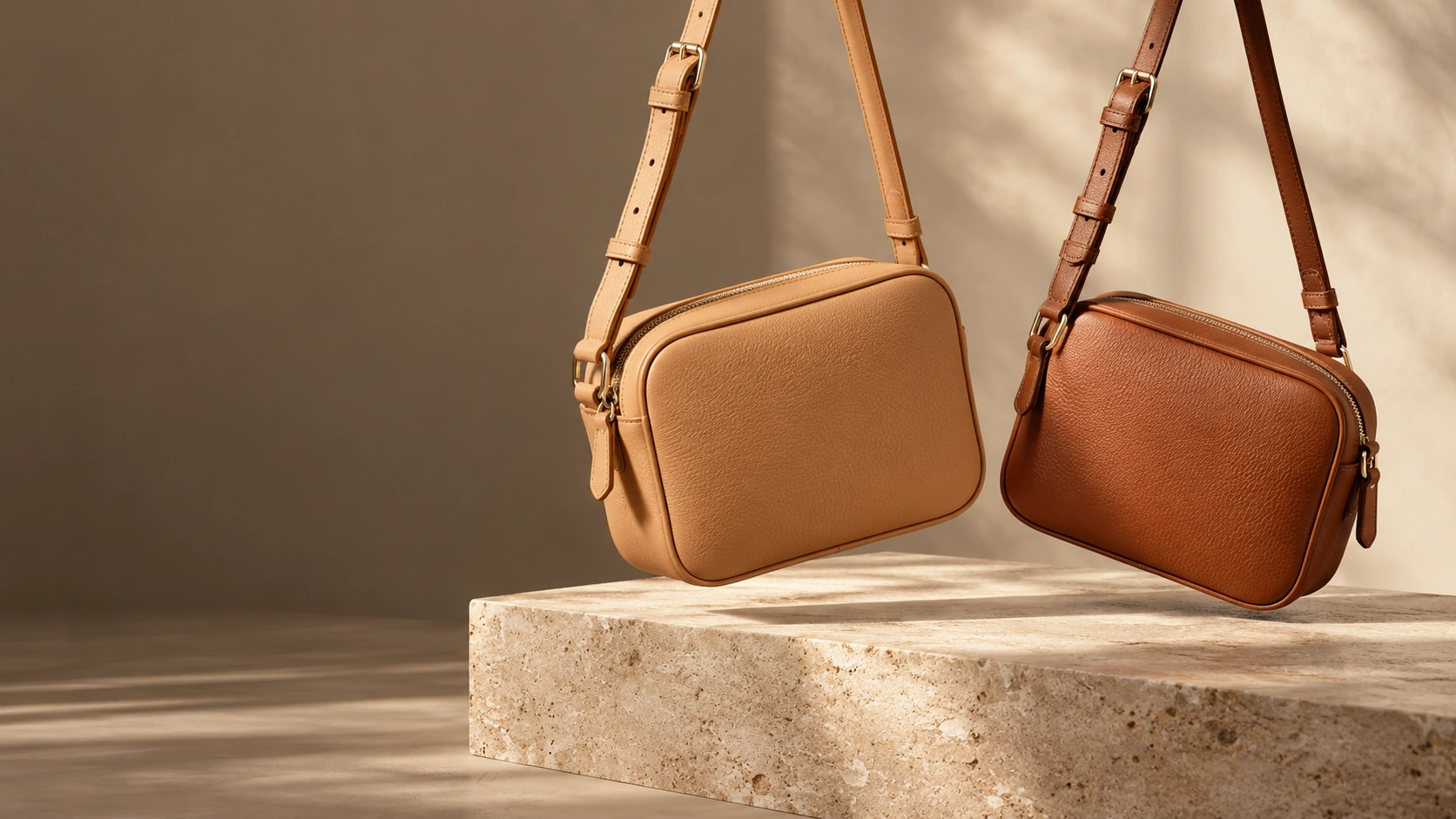 Tan and cognac crossbody bag concepts suspended above a warm stone plinth