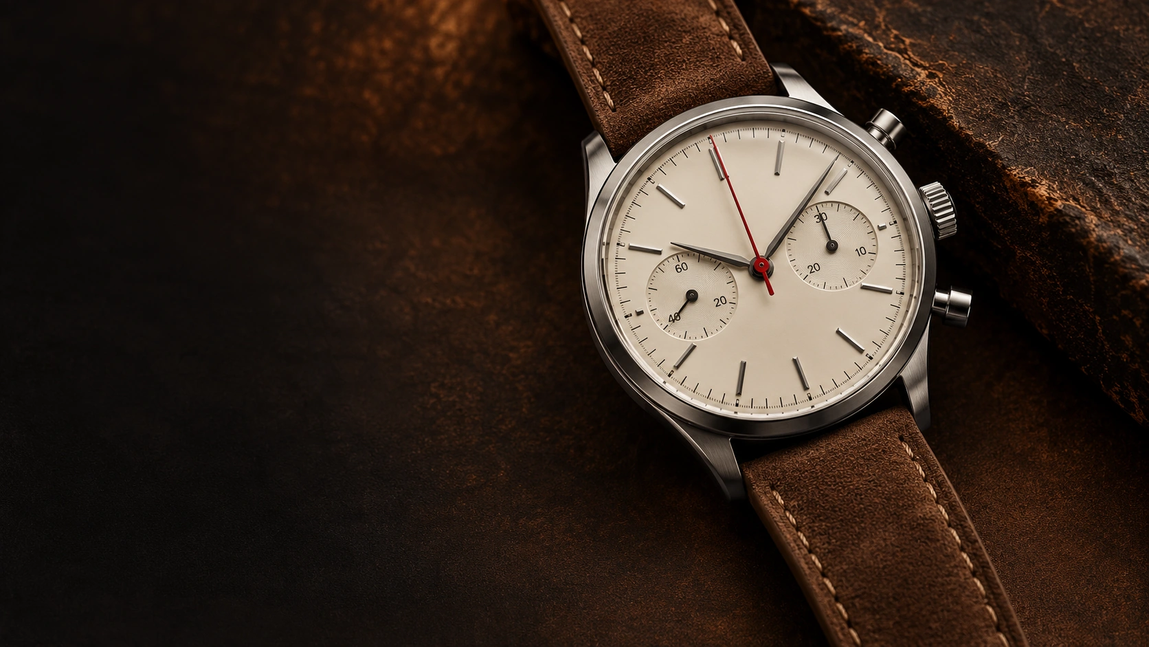 Close-up of an ivory-dial silver watch concept with a brown suede strap