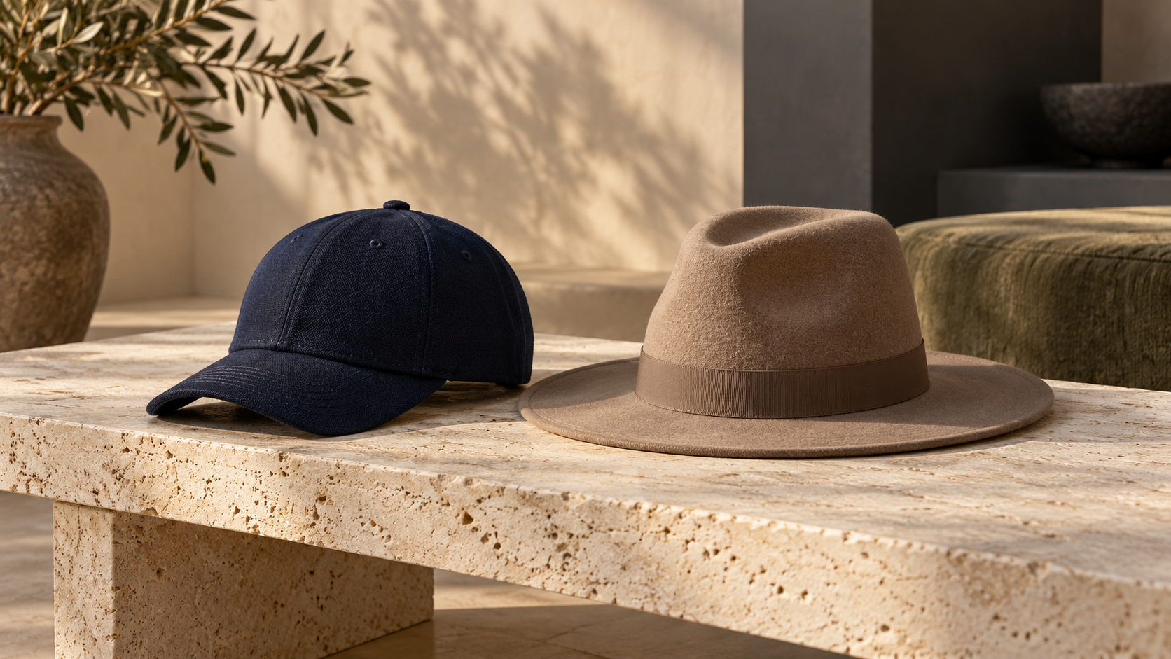 Original cap and brimmed hat design concepts photographed in an atelier