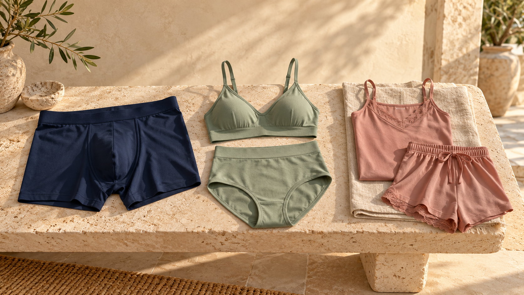 Adult underwear garment design concepts photographed on neutral linen