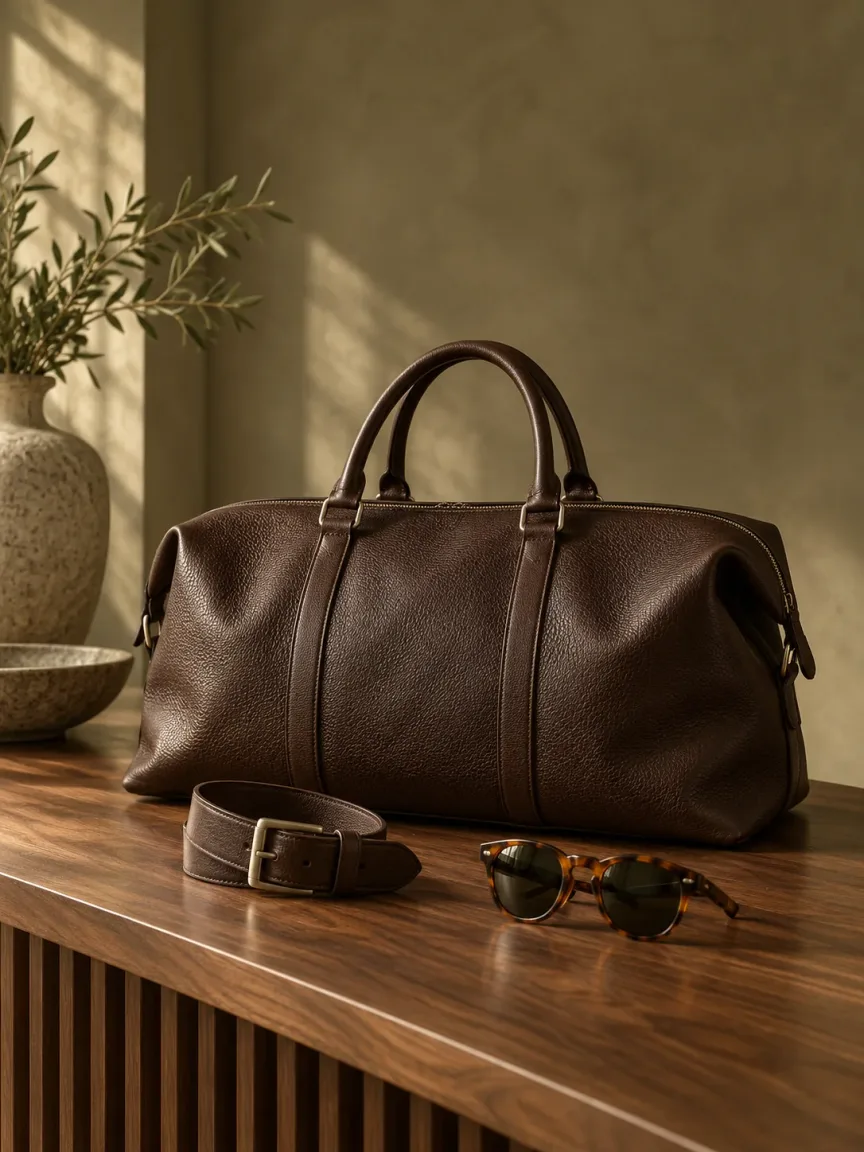 Brown leather bag, belt and tortoiseshell sunglasses design study