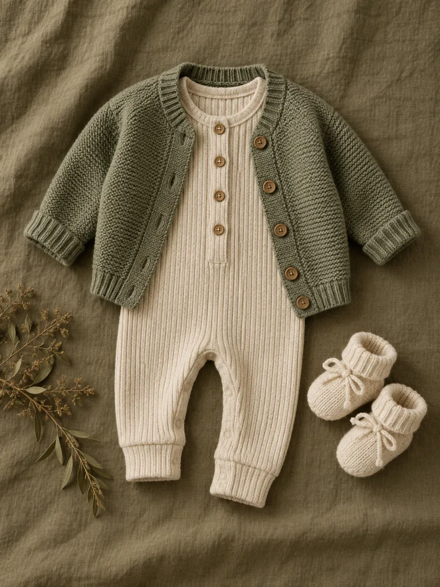 Oat romper, sage cardigan and cream booties design study