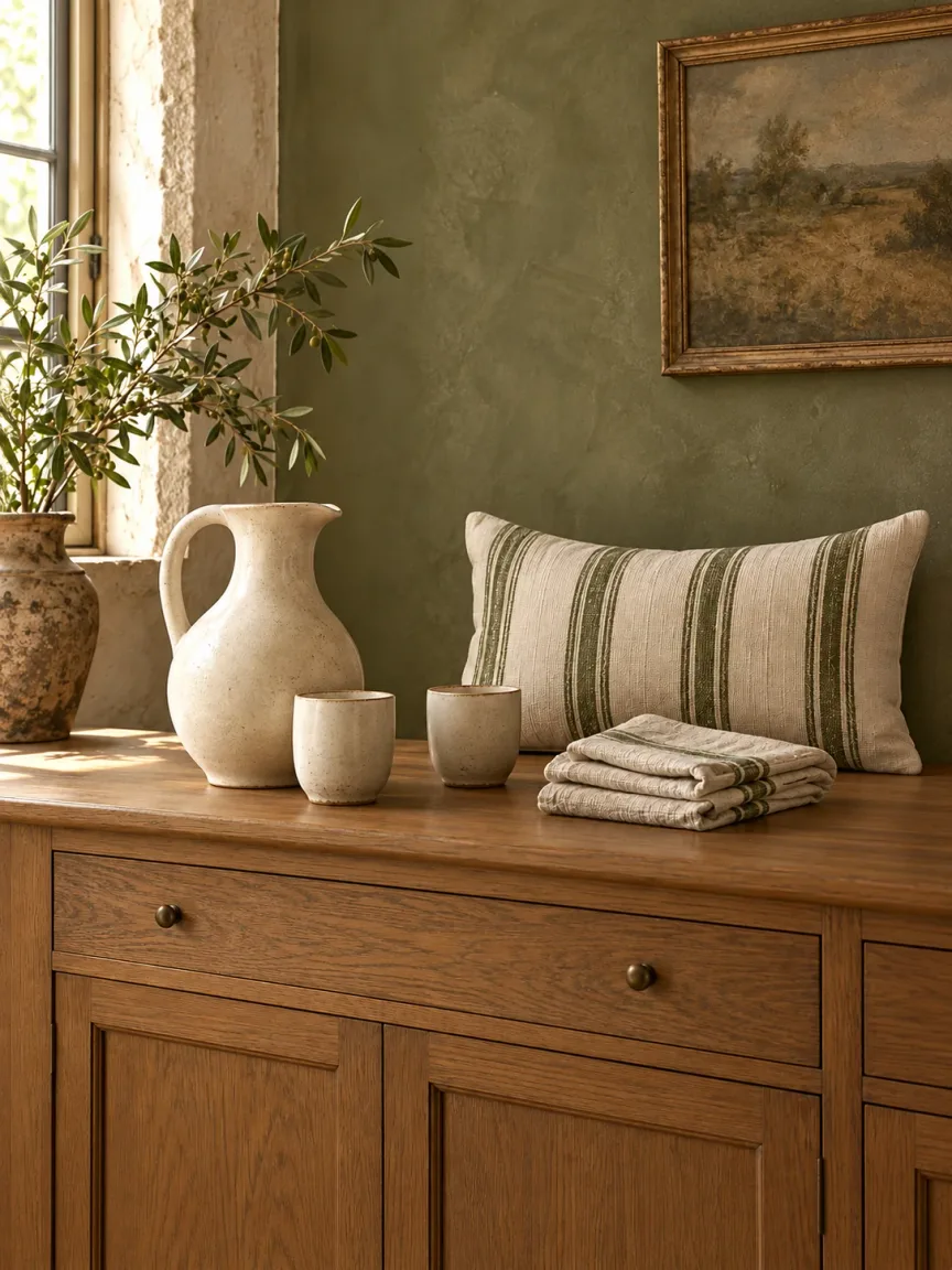 Ivory ceramics, natural table linen and an olive-striped cushion