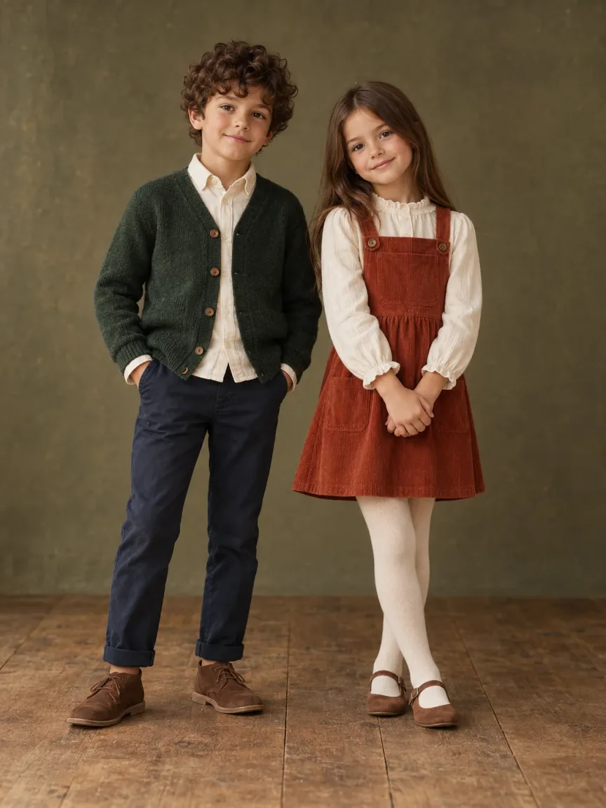 Two fully clothed children in forest knitwear and a rust pinafore