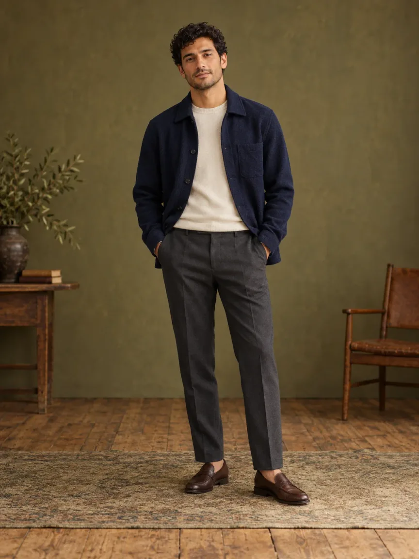Full-length adult male model in a navy overshirt and ivory knit