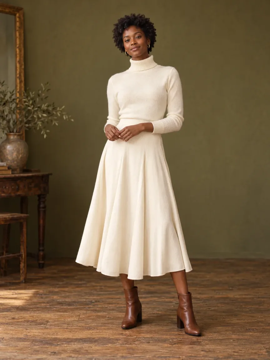 Full-length adult female model in an ivory knit ensemble