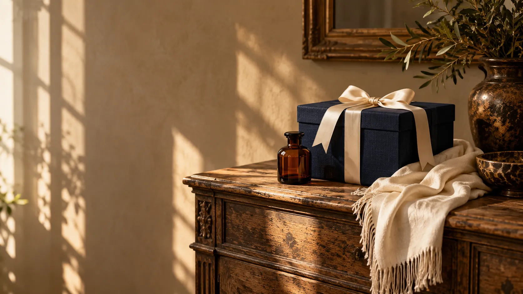 Original gift-box, amber bottle and scarf design still life
